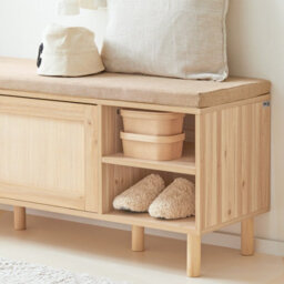 Sobuy Fsr163-N, Wooden Shoe Storage Bench With Cushion Shoe Rack Cabinet With Sliding Doors For Hallway Or Bedroom, Natural - thumbnail 5