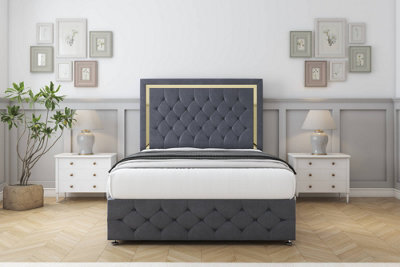 "Comfort Sofia Gold Steel Plush Divan Bed Set 2 Drawers Left Side - 54"" Floor Standing & 12"" Footboard 4' Small Double" - image 1