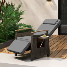 Costway Patio Rattan Lounge Chair Outdoor Pe Wicker Recliner Chair W/ Adjustable Backrest-Grey - thumbnail 4