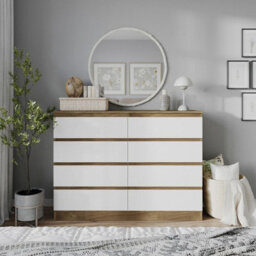 Urbn-Living Urbnliving 120Cm Wide Oak Wooden Chest Of White 8 Drawers Bedroom Furniture Storage Bedside Modern Cabinet - thumbnail 4