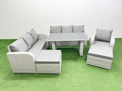 Fimous Rattan Garden Furniture Dining Set 9-Seater Patio Rectangular Table Sofa Set With 2 Big Stools Light Grey - image 1
