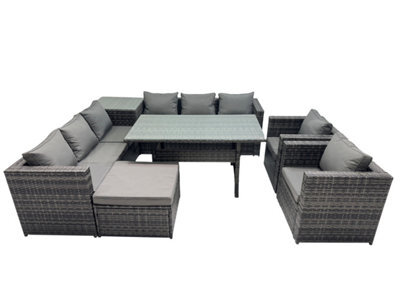 Fimous Outdoor Corner Sofa Chair Dining Table Set Garden Rattan Furniture Set 9 Seater With Side Table Big Stool Dark Grey - image 1