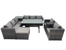 Fimous Outdoor Corner Sofa Chair Dining Table Set Garden Rattan Furniture Set 9 Seater With Side Table Big Stool Dark Grey - thumbnail 1