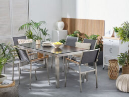 Beliani Garden Dining Set 6 Seater Grosseto Tempered Glass Grey/ Black - thumbnail 2
