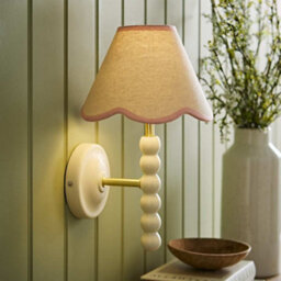 Valuelights Bobbin Cream Bobble Wall Light And Pink Trim Linen Lamp Shade And Bulb