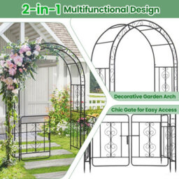 Costway Metal Garden Arbor Archway With Gate 213 Cm Patio Trellis Pergola - thumbnail 5