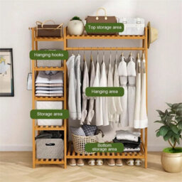 Clothes Storage Rack Bamboo Garment With Shelf Hanging Rail