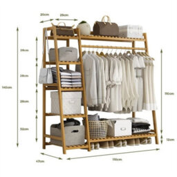 Clothes Storage Rack Bamboo Garment With Shelf Hanging Rail - thumbnail 2