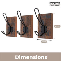 Keypak Set Of 3 Rustic Wall Mounted Wooden Wall Hooks - Antique Coat Rack With Black Metal Hooks For Entryway, Bathroom, Hallway - thumbnail 2