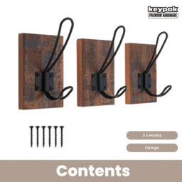 Keypak Set Of 3 Rustic Wall Mounted Wooden Wall Hooks - Antique Coat Rack With Black Metal Hooks For Entryway, Bathroom, Hallway - thumbnail 3
