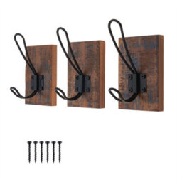 Keypak Set Of 3 Rustic Wall Mounted Wooden Wall Hooks - Antique Coat Rack With Black Metal Hooks For Entryway, Bathroom, Hallway
