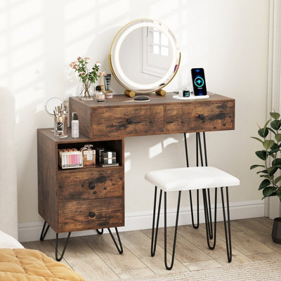 Costway Makeup Vanity Desk W/ Mirror And Lights Dressing Table Set W/ Charging Station-Brown - image 1