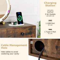 Costway Makeup Vanity Desk W/ Mirror And Lights Dressing Table Set W/ Charging Station-Brown - thumbnail 8