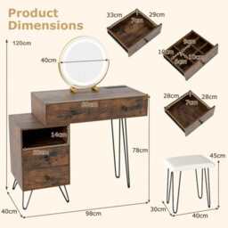 Costway Makeup Vanity Desk W/ Mirror And Lights Dressing Table Set W/ Charging Station-Brown - thumbnail 3