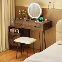 Costway Makeup Vanity Desk W/ Mirror And Lights Dressing Table Set W/ Charging Station-Brown - thumbnail 4