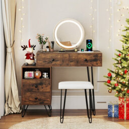 Costway Makeup Vanity Desk W/ Mirror And Lights Dressing Table Set W/ Charging Station-Brown - thumbnail 5
