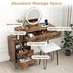 Costway Makeup Vanity Desk W/ Mirror And Lights Dressing Table Set W/ Charging Station-Brown - thumbnail 7