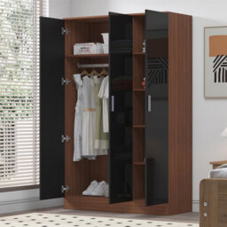Reflect 3 Door Plain Wardrobe - Black Gloss & Walnut -Hanging Rail & 4 Shelves - H: 180Cm X W: 113Cm X D: 47Cm - Modern Design - thumbnail 2