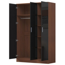 Reflect 3 Door Plain Wardrobe - Black Gloss & Walnut -Hanging Rail & 4 Shelves - H: 180Cm X W: 113Cm X D: 47Cm - Modern Design - thumbnail 6