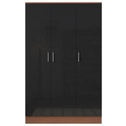 Reflect 3 Door Plain Wardrobe - Black Gloss & Walnut -Hanging Rail & 4 Shelves - H: 180Cm X W: 113Cm X D: 47Cm - Modern Design - thumbnail 7