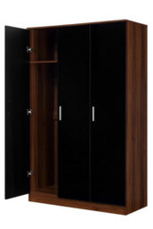 Reflect 3 Door Plain Wardrobe - Black Gloss & Walnut -Hanging Rail & 4 Shelves - H: 180Cm X W: 113Cm X D: 47Cm - Modern Design - thumbnail 1