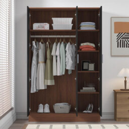 Reflect 3 Door Plain Wardrobe - Black Gloss & Walnut -Hanging Rail & 4 Shelves - H: 180Cm X W: 113Cm X D: 47Cm - Modern Design - thumbnail 4