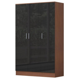 Reflect 3 Door Plain Wardrobe - Black Gloss & Walnut -Hanging Rail & 4 Shelves - H: 180Cm X W: 113Cm X D: 47Cm - Modern Design - thumbnail 5