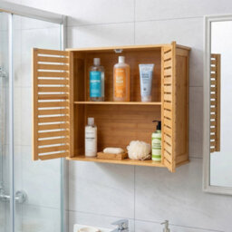 Bamboo Bathroom Storage Cabinet Adjustable Shelf Height Organizer Unit Rack - thumbnail 1