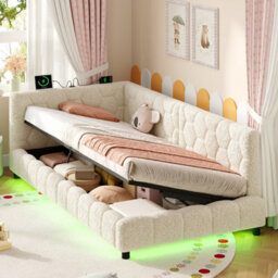 Matteo 3Ft Single Boucle Ottoman Bed Frame With Smart Rgb Led Lights & Charging Station - Beige - thumbnail 2