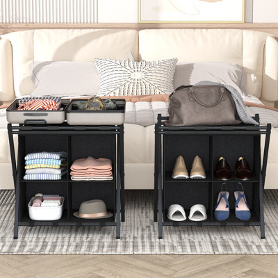 Huhote Two Tier Metal Folding Luggage Rack Stand With Storage 2 X Black Suitcase Stands For Home Hotel Suitcase Holders - image 1