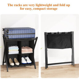 Huhote Two Tier Metal Folding Luggage Rack Stand With Storage 2 X Black Suitcase Stands For Home Hotel Suitcase Holders - thumbnail 5