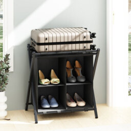 Huhote Two Tier Metal Folding Luggage Rack Stand With Storage 2 X Black Suitcase Stands For Home Hotel Suitcase Holders - thumbnail 7