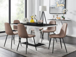 Furniturebox Giovani Rectangular 6 Seat White High Gloss Unique Halo Dining Table Black Glass Top 6 Beige Faux Leather Black Leg Corona Chairs