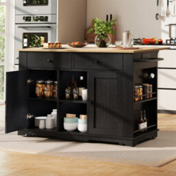 Abrihome Kitchen Island, Kitchen Trolley Equipped With Power Strip, Kitchen Cabinet, Serving Trolley With Worktop, Black