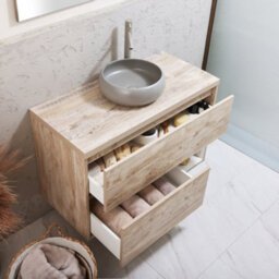 Homestylestore Light Oak 1000mm Led Lit Wall Hung Bathroom Vanity Unit With Round Pebble Countertop Basin - thumbnail 2