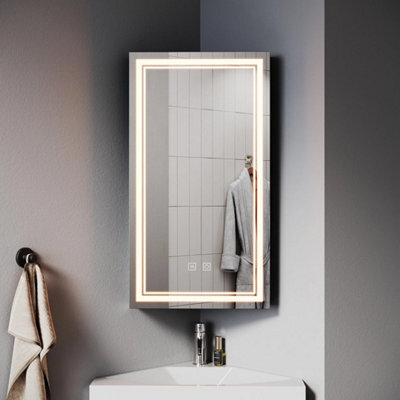Bathroom Mirror Cabinet With Demister Shaver Socket 3 Led Lights Corner Storage - image 1