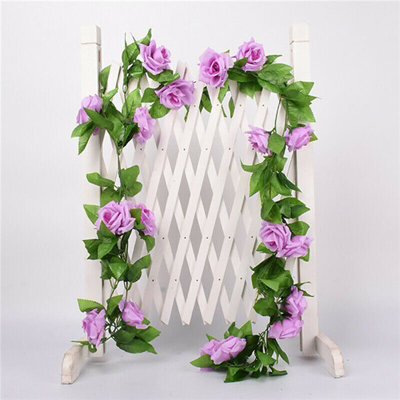 8Ft 45 Flowers Artificial Flower Vine Rose Fake Hanging Garland Wedding Decor Uk Rose Flowers-Purple - image 1