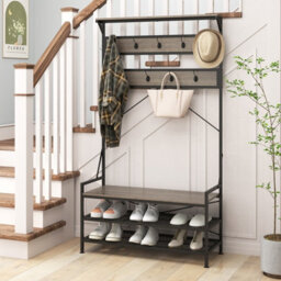 Costway Coat Rack 184 Cm Tall Hall Tree With 11 Hanging Hooks & Shoe Bench-Grey - thumbnail 8