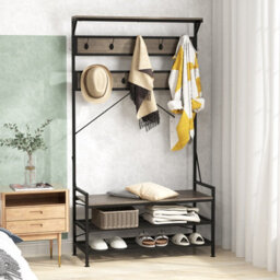 Costway Coat Rack 184 Cm Tall Hall Tree With 11 Hanging Hooks & Shoe Bench-Grey - thumbnail 9