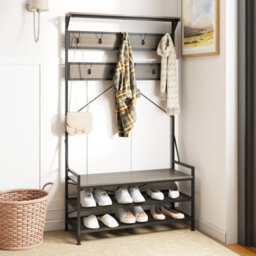 Costway Coat Rack 184 Cm Tall Hall Tree With 11 Hanging Hooks & Shoe Bench-Grey