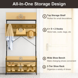 Costway Coat Rack 184 Cm Tall Hall Tree With 11 Hanging Hooks & Shoe Bench-Grey - thumbnail 4