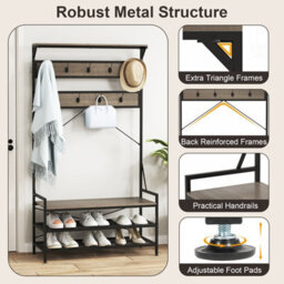 Costway Coat Rack 184 Cm Tall Hall Tree With 11 Hanging Hooks & Shoe Bench-Grey - thumbnail 5