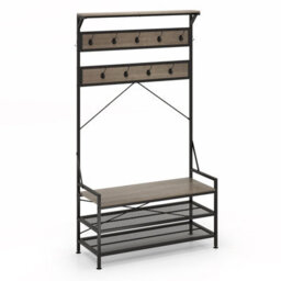 Costway Coat Rack 184 Cm Tall Hall Tree With 11 Hanging Hooks & Shoe Bench-Grey - thumbnail 2