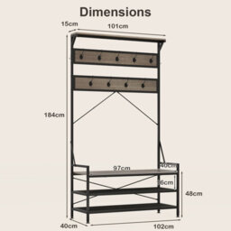 Costway Coat Rack 184 Cm Tall Hall Tree With 11 Hanging Hooks & Shoe Bench-Grey - thumbnail 3