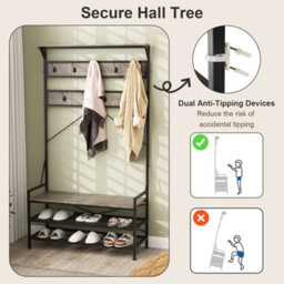 Costway Coat Rack 184 Cm Tall Hall Tree With 11 Hanging Hooks & Shoe Bench-Grey - thumbnail 6