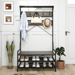 Costway Coat Rack 184 Cm Tall Hall Tree With 11 Hanging Hooks & Shoe Bench-Grey - thumbnail 7
