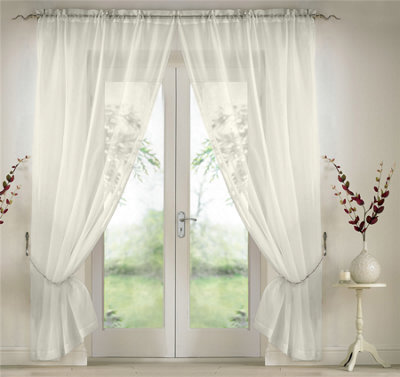 Luxury Living Elegant Plain Voile Curtain Panels Pair With Free Tie Backs Ivory - image 1