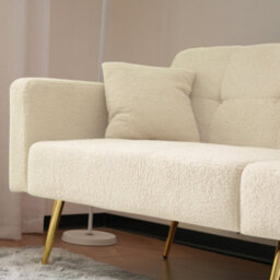 Btm Beigetwo-Seater Sofa Bed With Three Adjustable Backrest Angles, Gold Legs, Cushions And Side Storage Pockets. - thumbnail 7