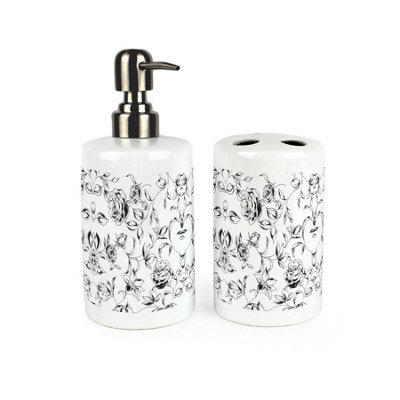 Purely Home Black Roses Bathroom Set - Refillable Ceramic Soap Dispenser & Toothbrush Holder - image 1