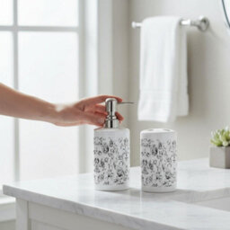 Purely Home Black Roses Bathroom Set - Refillable Ceramic Soap Dispenser & Toothbrush Holder - thumbnail 2